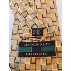 Y2K Alexander Julian 100% Silk Neck Tie Gold Platinum Black Squares /Stripes